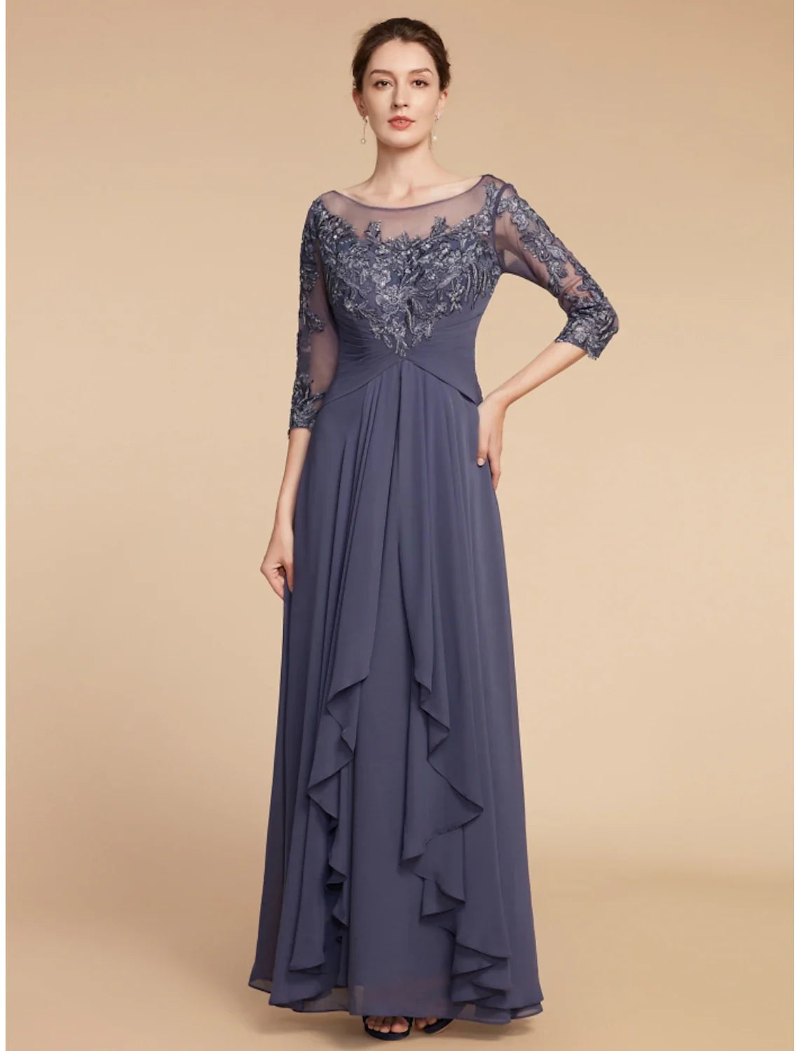 Aimishang  Sheath / Column Mother of the Bride Dress Wedding Guest Elegant Vintage Scoop Neck Ankle Length Chiffon Lace Half Sleeve with Ruffles Ruching