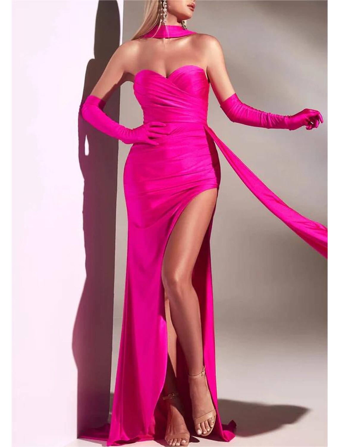 Mermaid / Trumpet Evening Gown Party Dress Carnival Prom Court Train Sleeveless Strapless Convertible Stretch Satin with Ruched Slit include gloves