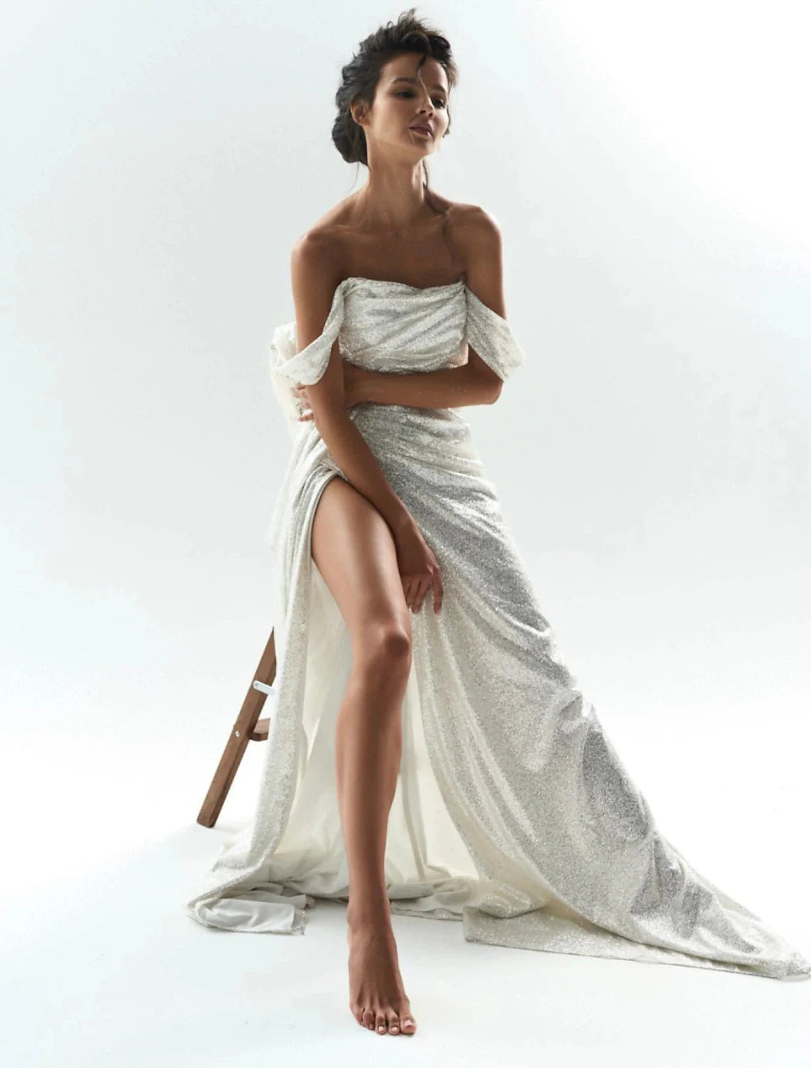 Wholesale Mermaid Evening Dresses Sparkle Wedding Dress For Reception Prom Dress Sweep / Brush Train Short Sleeve Off Shoulder Sequins with Slit