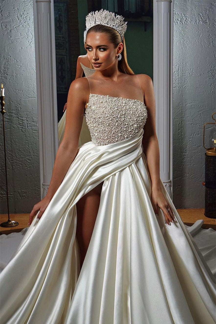 Classic Sleeveless Long Wedding Dress with Pearls and Sheer Slit Top