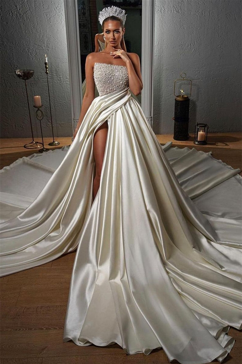 Classic Sleeveless Long Wedding Dress with Pearls and Sheer Slit Top