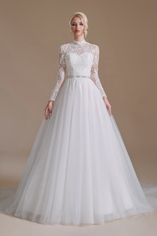 Classy and Elegant Long Sleeves Wedding Dress with Tulle Lace