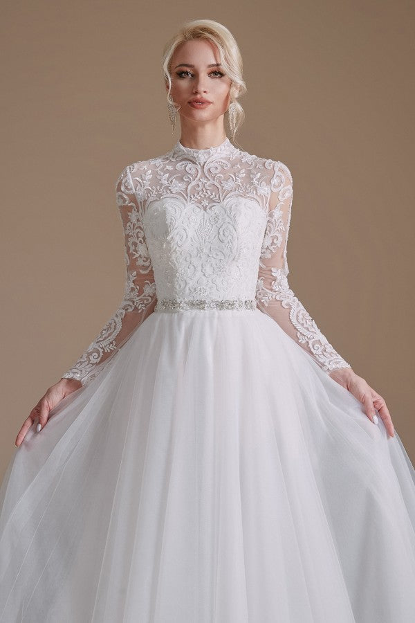 Classy and Elegant Long Sleeves Wedding Dress with Tulle Lace