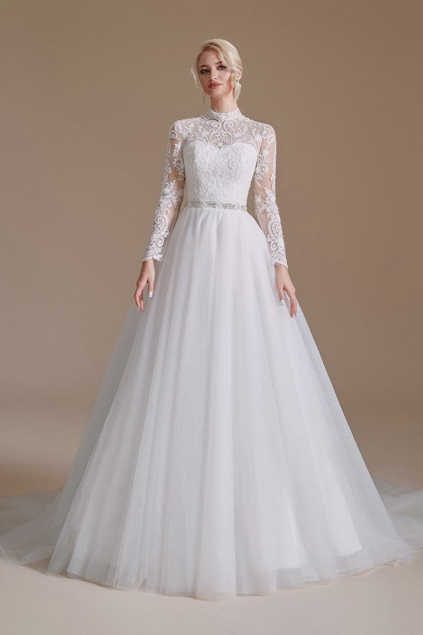 Classy and Elegant Long Sleeves Wedding Dress with Tulle Lace