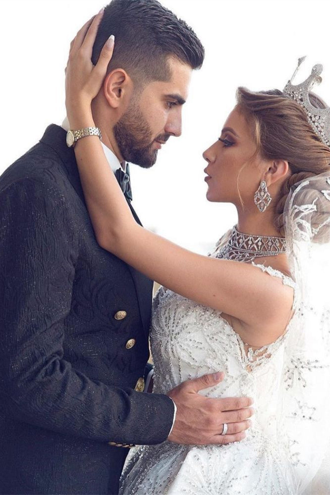 Classy Ball Gown Wedding Dress with Cap Sleeves and Beadings