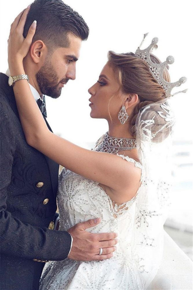 Classy Ball Gown Wedding Dress with Cap Sleeves and Beadings