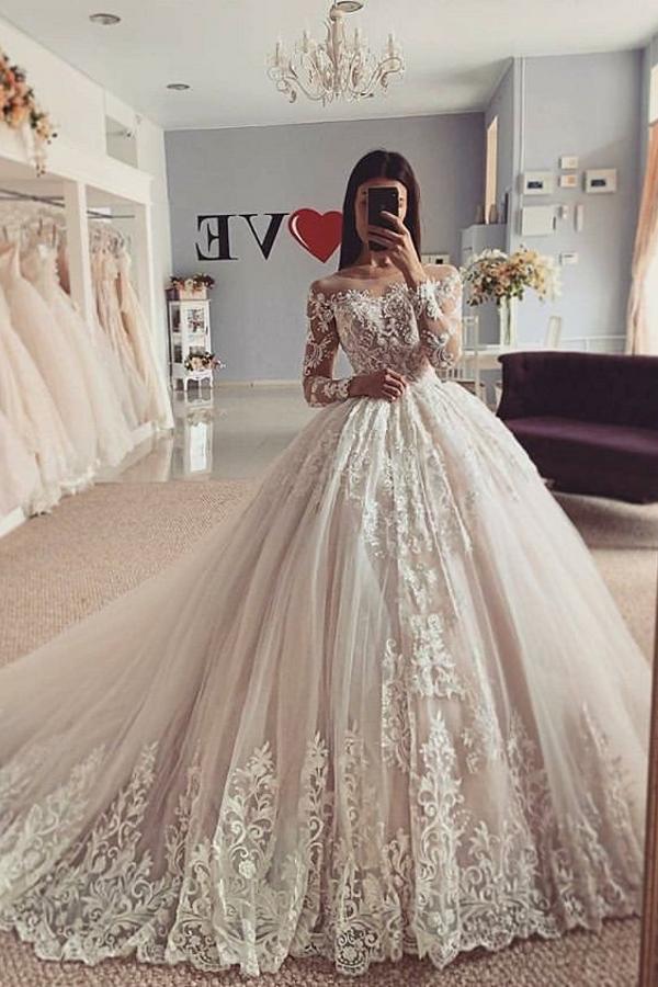 Classy Bateau Long Sleeves A-Line Floor-length Tulle Wedding Dress With Appliques Lace