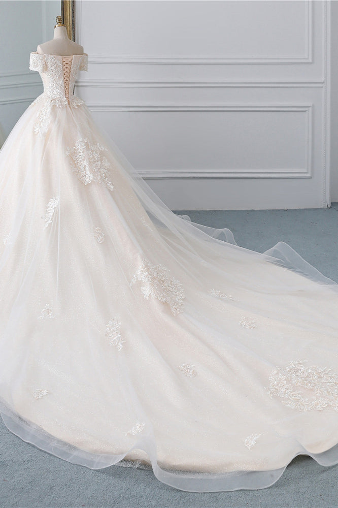 Classy Off-the-Shoulder Wedding Dress With Lace Appliques