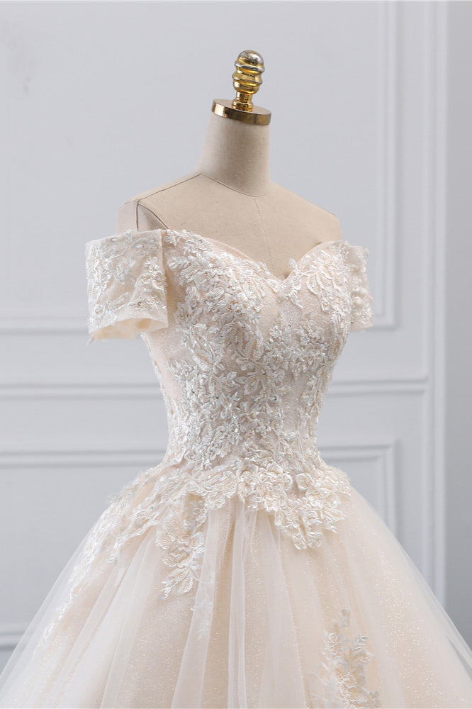 Classy Off-the-Shoulder Wedding Dress With Lace Appliques