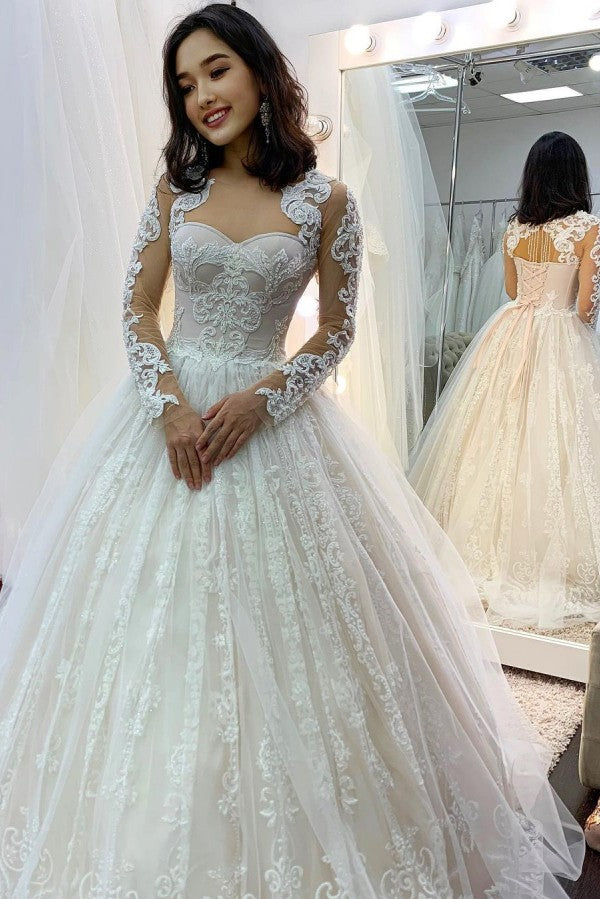 Classy Sweetheart Long Sleeves Lace Backless Tulle Wedding Dress with Appliques