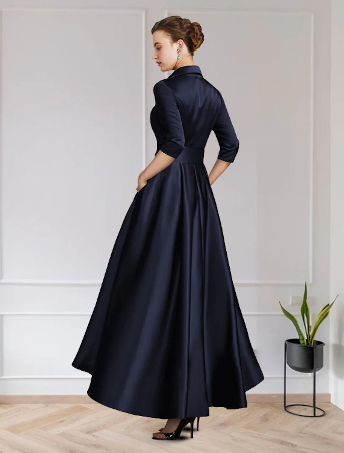 Aimishang  A-Line Mother of the Bride Dress Wedding Guest Elegant High Low Jewel Neck Asymmetrical Satin Short Sleeve with Pleats Appliques