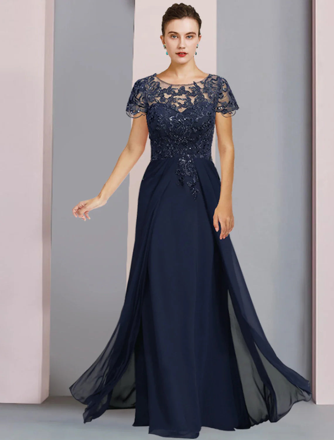 Aimishang  Sheath / Column Mother of the Bride Dress Formal Luxurious Elegant Scoop Neck Floor Length Chiffon Lace Short Sleeve with Sequin Appliques