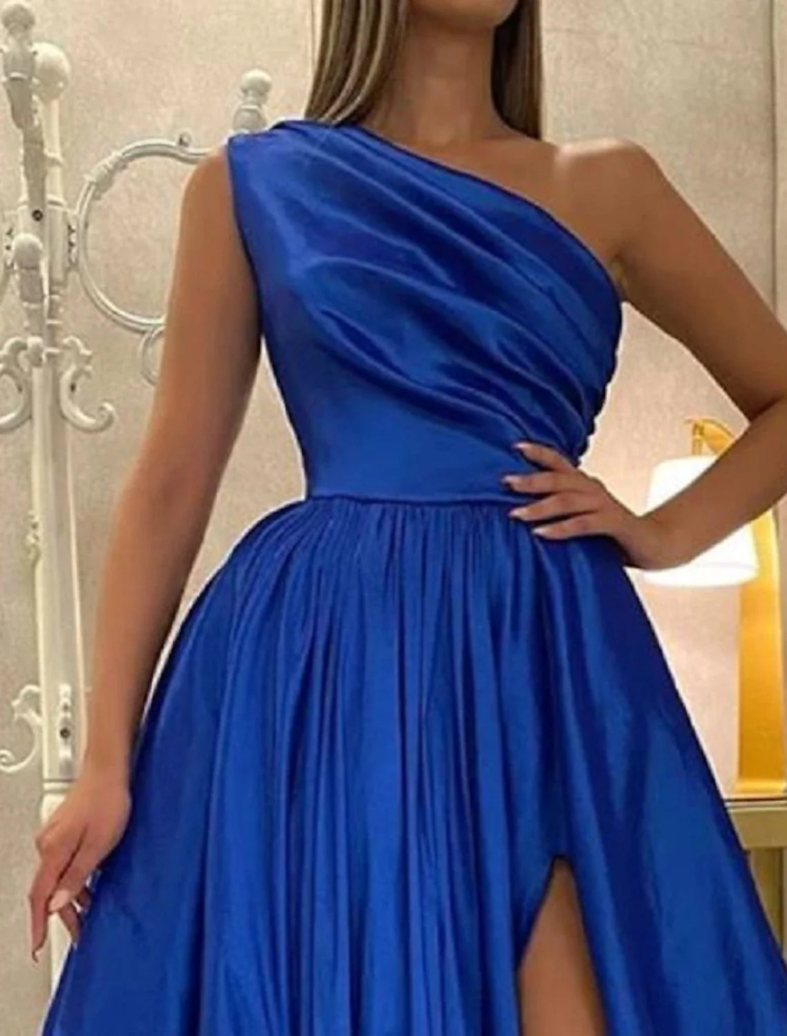 Aimishang A-Line Evening Gown Elegant Dress Wedding Guest Engagement Floor Length Sleeveless One Shoulder Satin with Pleats Slit