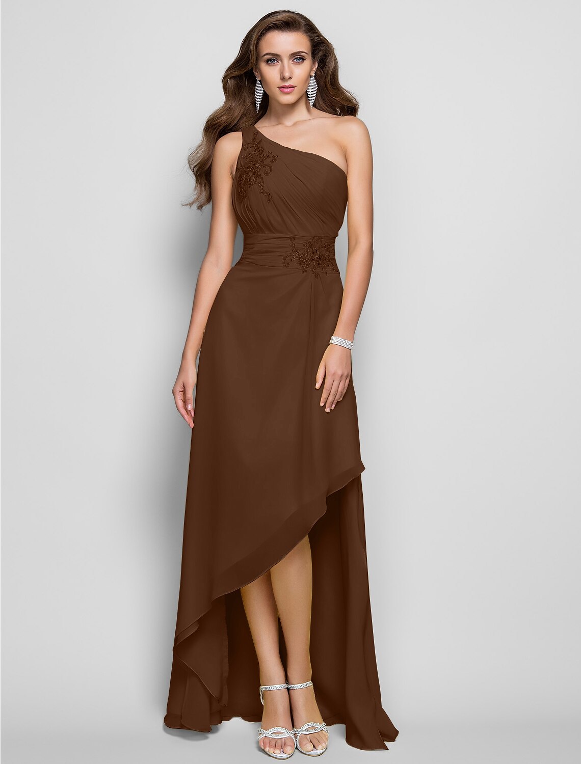 Sheath / Column Elegant Dress Wedding Guest Cocktail Party Asymmetrical Sleeveless One Shoulder Bridesmaid Dress Chiffon with Beading Slit Appliques