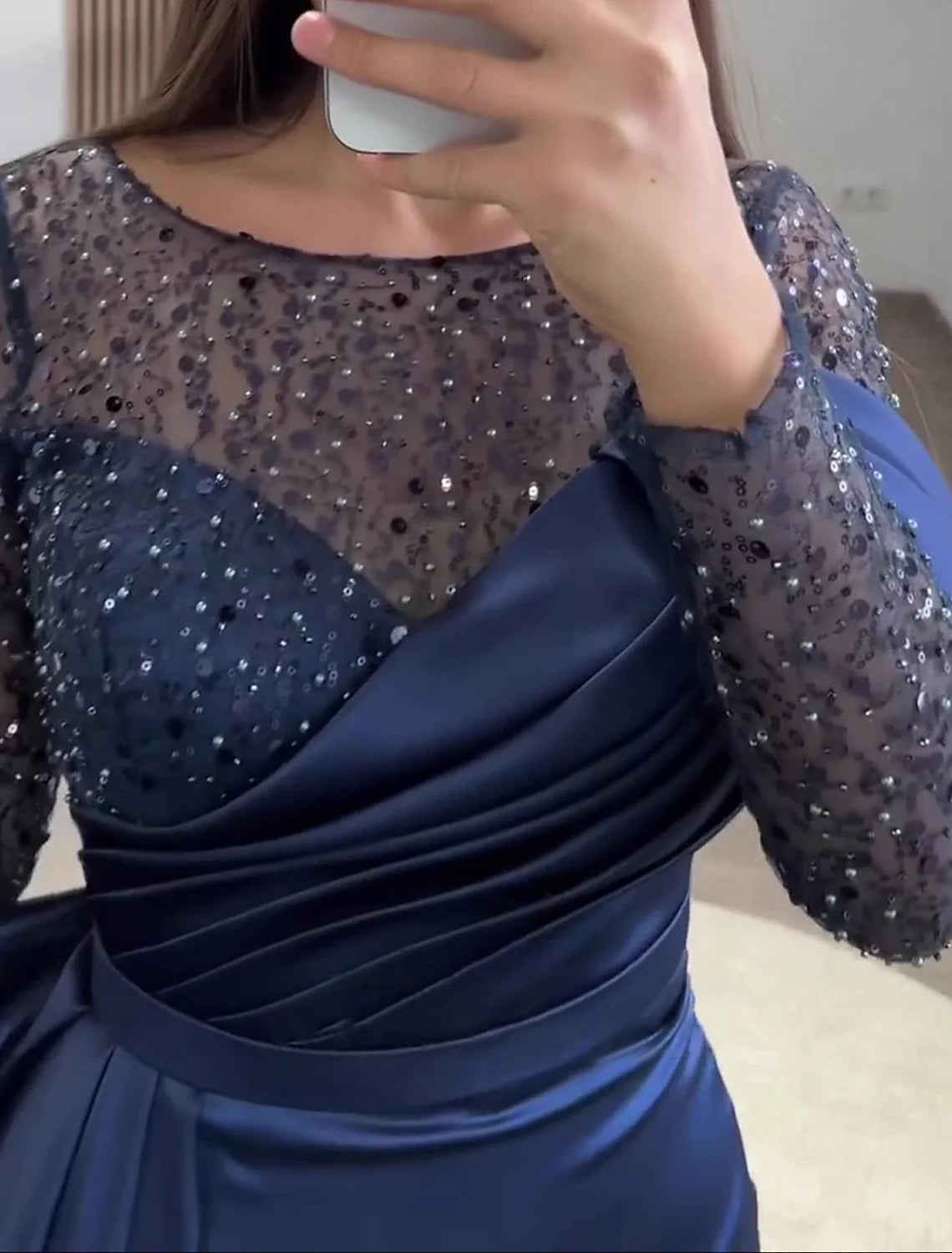 Mermaid Dress Evening Gown Red Green Dress Formal Wedding Guest Court Train Long Sleeve Jewel Neck Charmeuse with Ruched Pearls Sequin