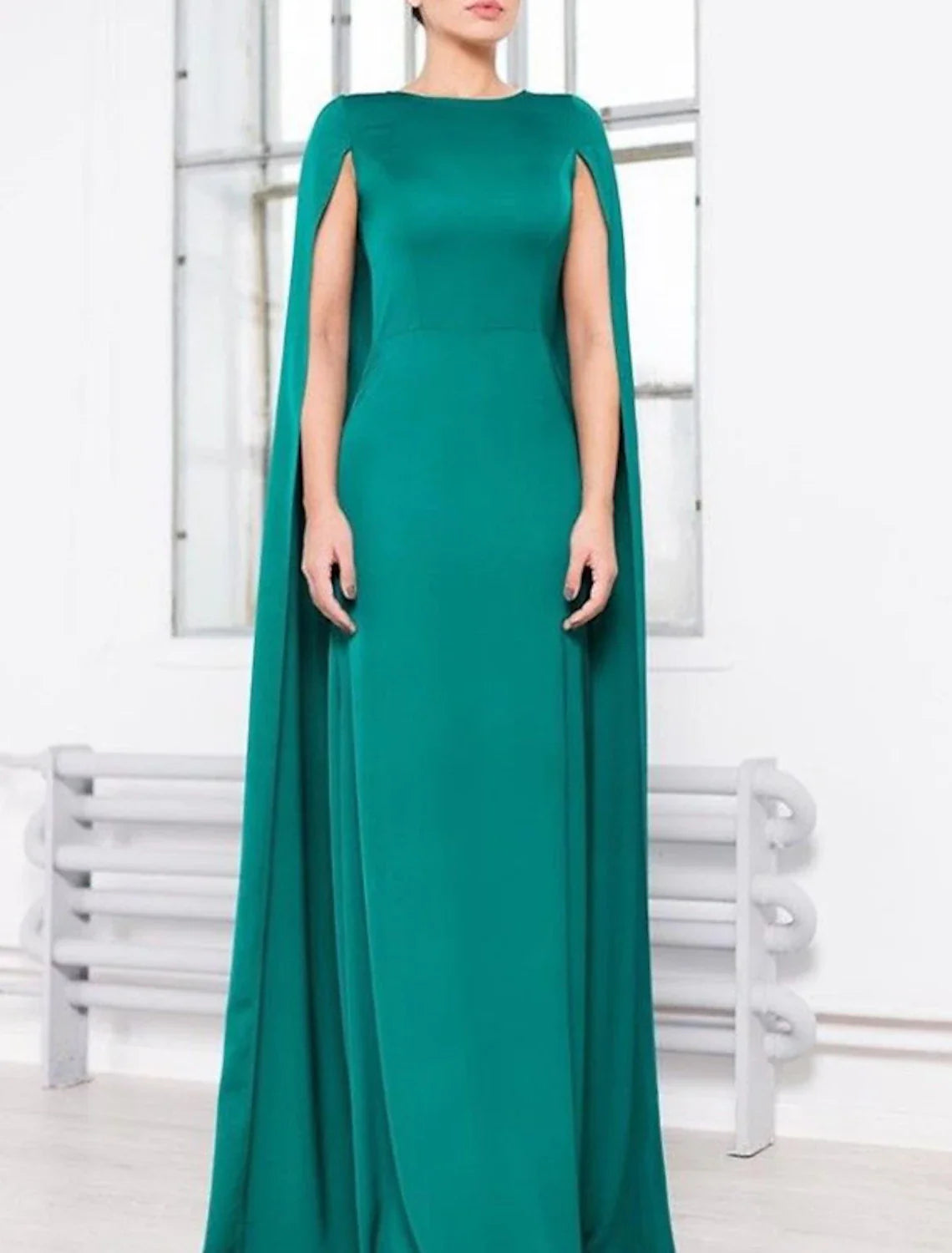 A-Line Evening Gown Elegant Dress Wedding Guest Party Wear Floor Length Sleeveless Jewel Neck Capes Stretch Chiffon with Shawl