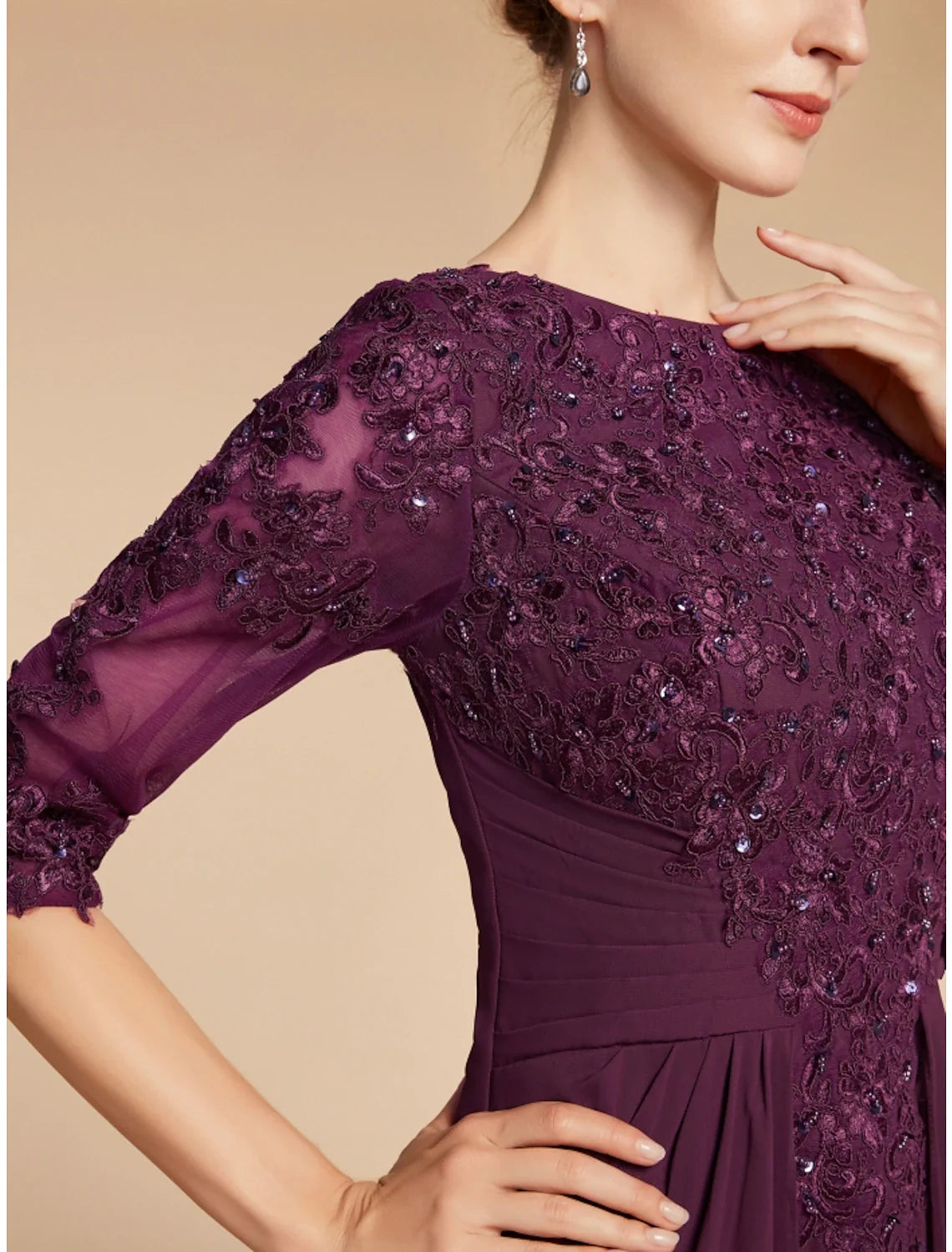 Aimishang  Sheath / Column Mother of the Bride Dress Wedding Guest Elegant Scoop Neck Floor Length Chiffon Lace Half Sleeve with Pleats Sequin