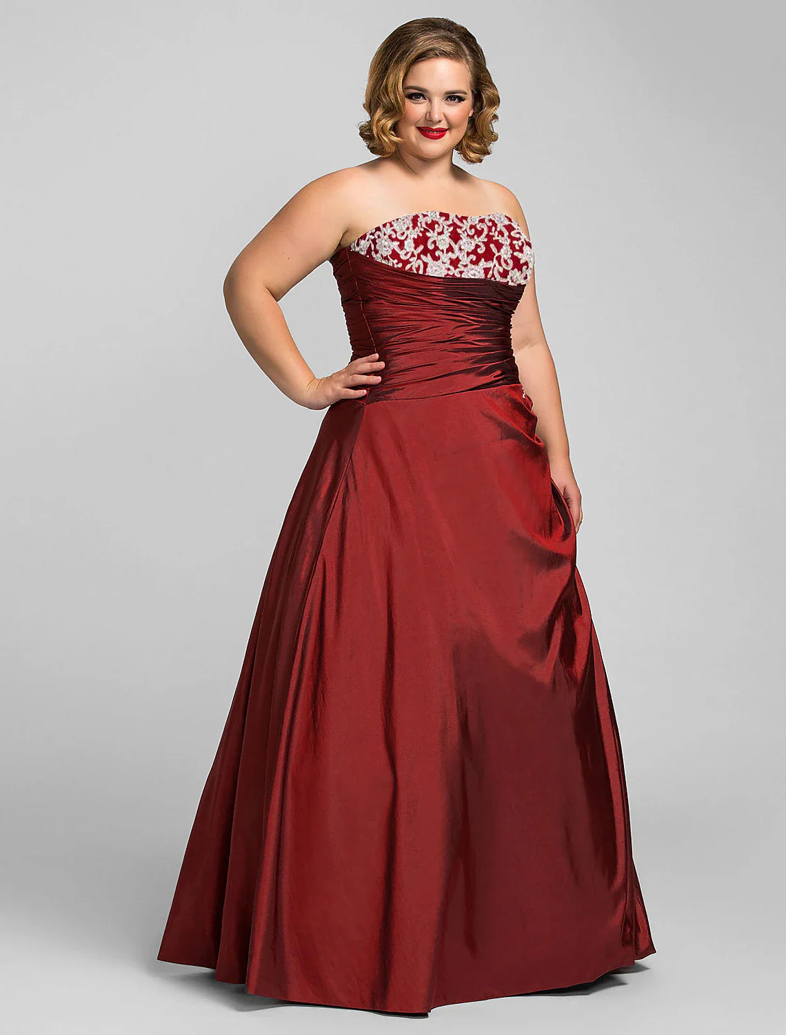 Ball Gown Plus Size Prom Formal Evening Dress Strapless Sleeveless Floor Length Taffeta with Beading Appliques