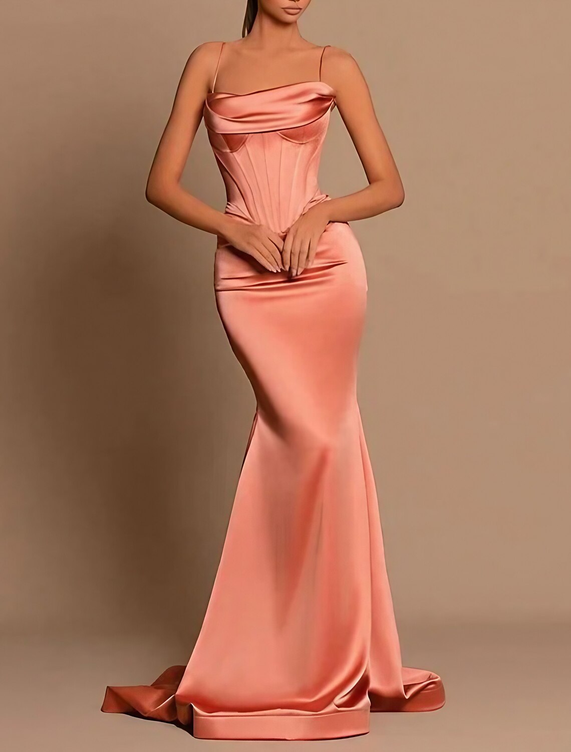 Mermaid / Trumpet Evening Gown Corsets Dress Wedding Cocktail Party Dress Sweep / Brush Train Sleeveless Spaghetti Strap Bridesmaid Dress Satin with Ruched
