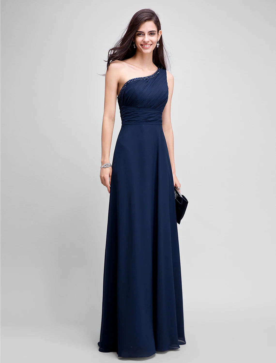 Sheath / Column Empire Dress Wedding Guest Formal Evening Floor Length Sleeveless One Shoulder Bridesmaid Dress Chiffon with Ruched Beading