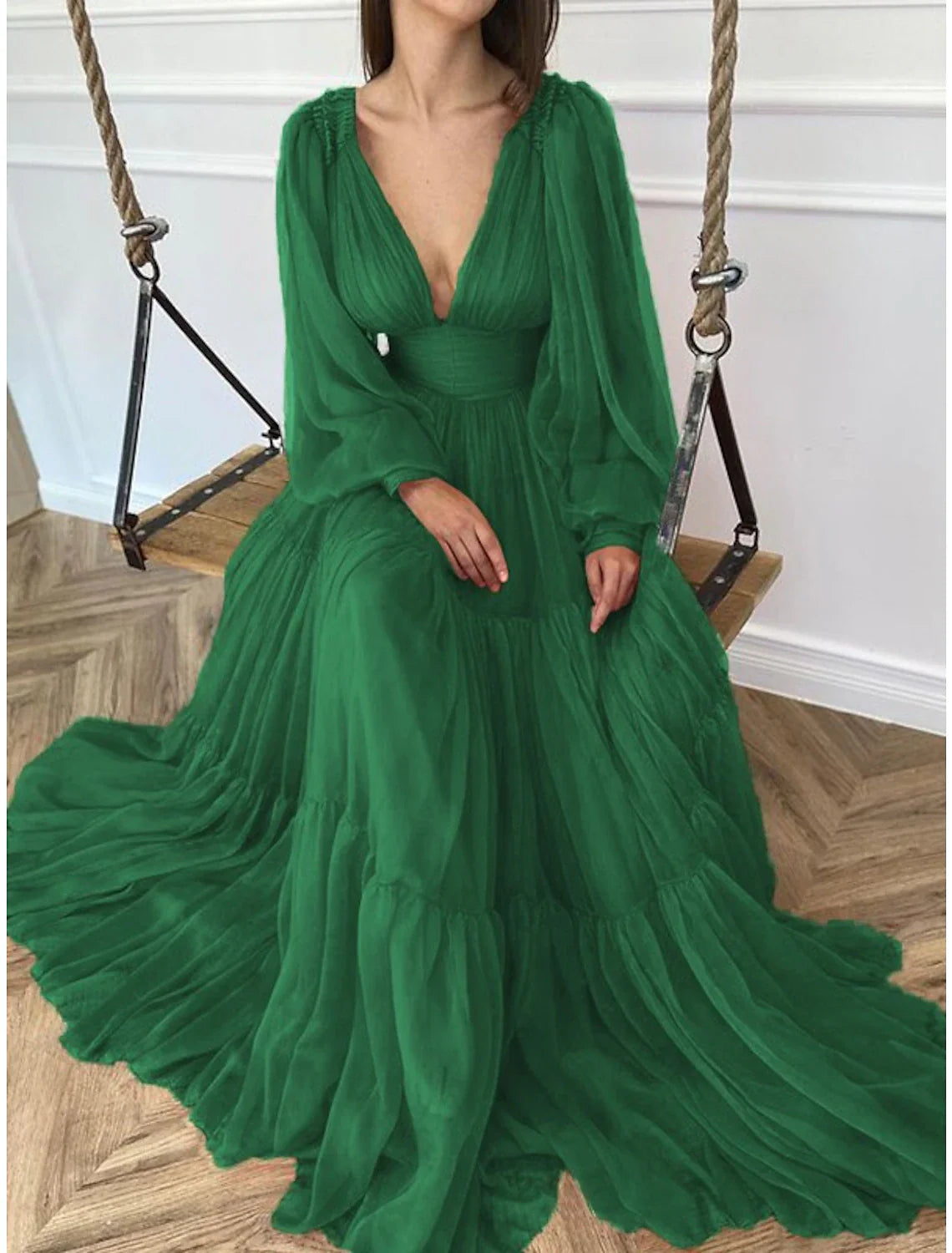 A-Line Evening Gown Elegant Dress Red Green Dress Formal Wedding Guest Floor Length Long Sleeve V Neck Chiffon with Ruched