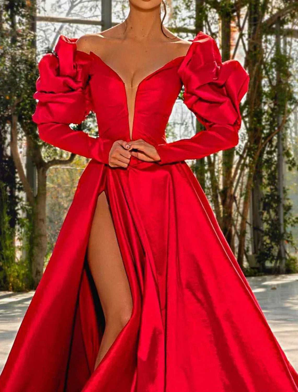 A-Line Evening Gown Red Green Dress Masquerade Prom Court Train Long Sleeve V Neck Satin with Slit