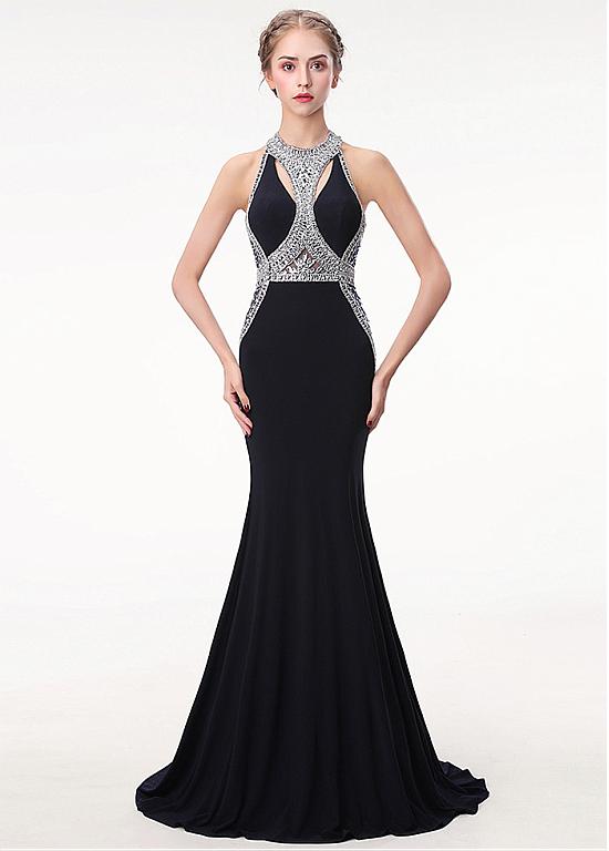 Halter Black Satin Mermaid Keyhole Evening Prom Dress With Beadings