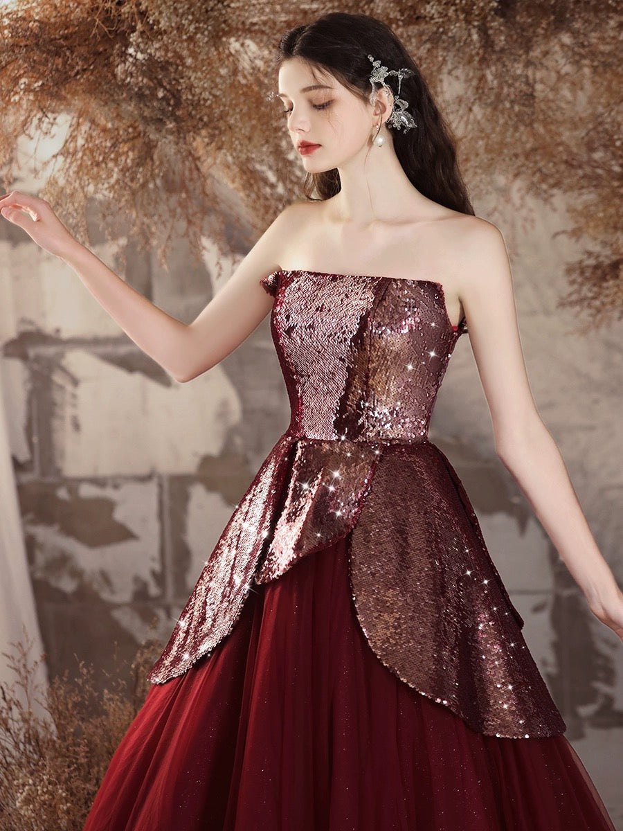 A-Line Tulle Sequin Burgundy Long Prom Dress, Burgundy Long Evening Dress