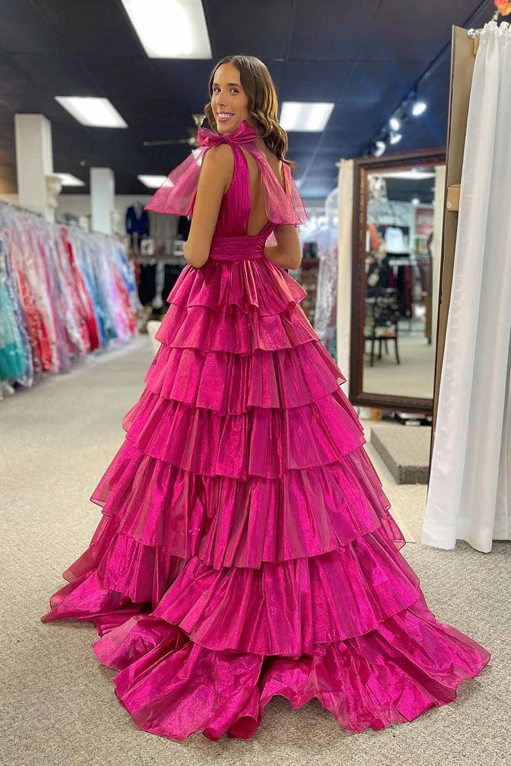 Ball Gown V Neck Fuchsia Organza Tiered Prom Dresses