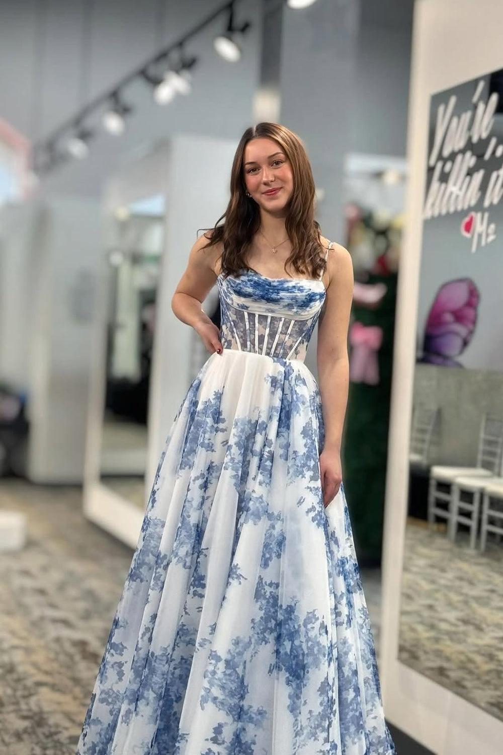 A-Line Scoop Neck Blue Floral Printed Long Prom Dresses