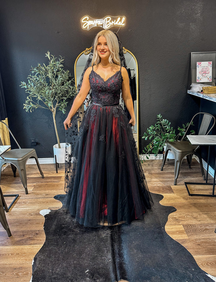 Black A-line skirt with pink lining tight corset firm cup thin padding adjustable shoulder straps evening dress