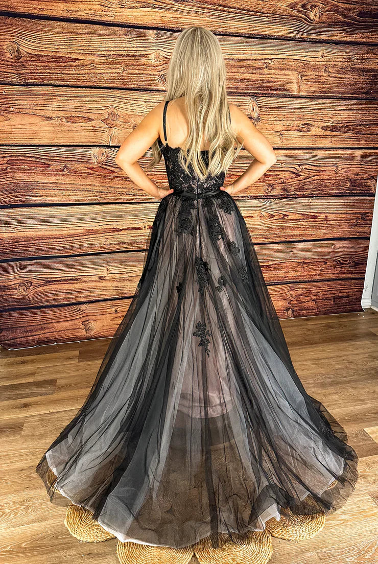 Black A-line skirt with pink lining tight corset firm cup thin padding adjustable shoulder straps evening dress