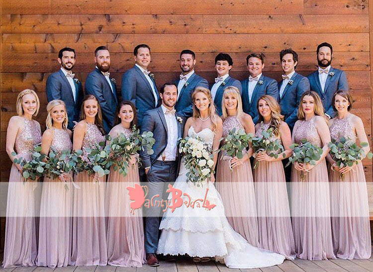 New Arrival Popular Pink Sequin Chiffon Halter A-line Elegant Wedding Party Bridesmaid Dresses,DB097