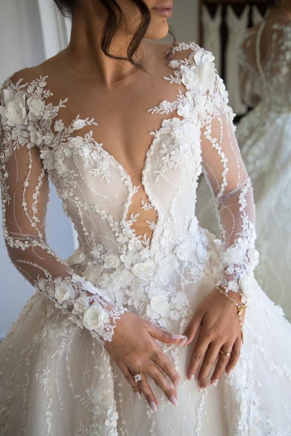 Gorgeous Long Sleeves A-line Sweetheart Open Back Wedding Dress With Tulle Lace