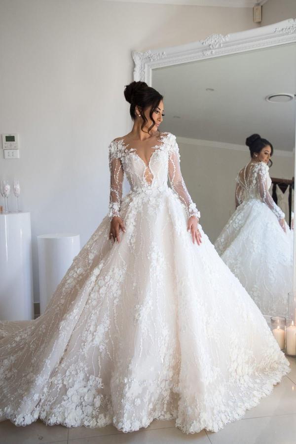 Gorgeous Long Sleeves A-line Sweetheart Open Back Wedding Dress With Tulle Lace