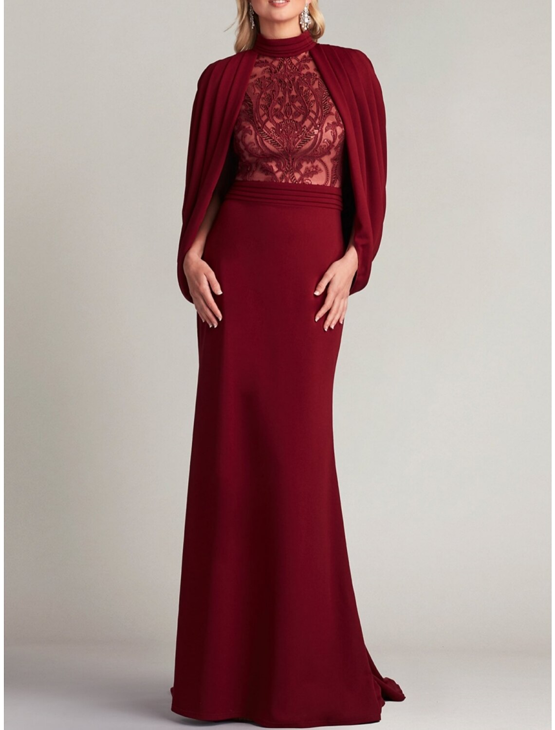 Mermaid / Trumpet Evening Gown Elegant Formal Dress Formal Sweep / Brush Train Long Sleeve High Neck Lace with Pleats Ruched