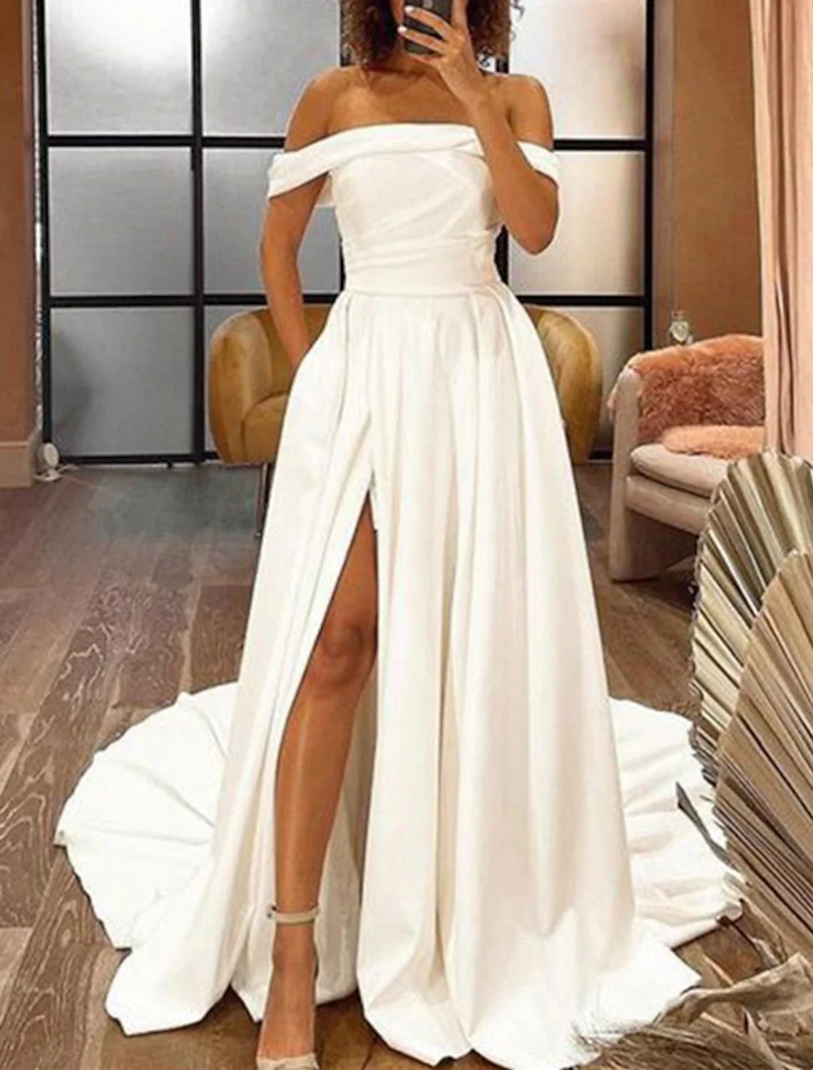 A-Line Evening Gown Party Dress Wedding Prom Court Train Sleeveless Off Shoulder Pocket Satin with Ruched Slit