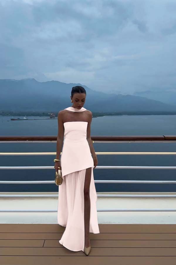 White Strapless Satin Chiffon Split Holiday Summer Prom Dress