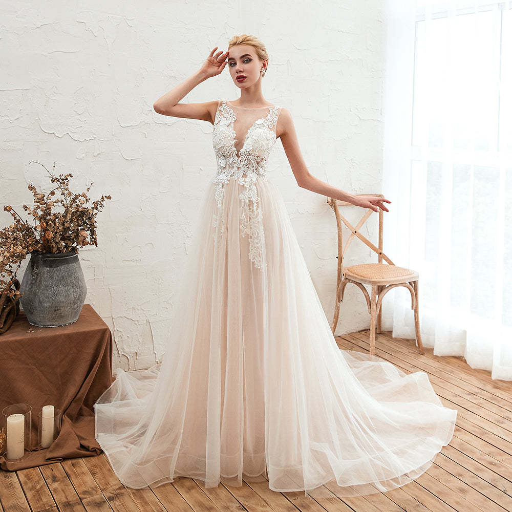 Delicate A-line Tulle Wedding Dress With Floral Lace and Bateau Open Back