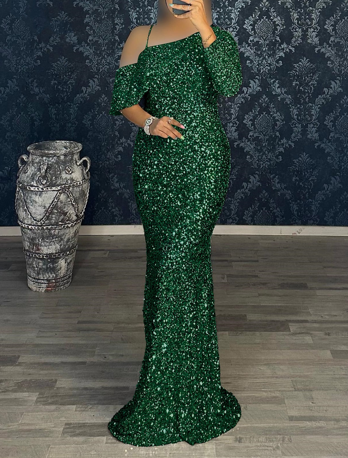 Mermaid Dress Evening Gown Red Green Dress Cocktail Party Sweep / Brush Train Long Sleeve One Shoulder Sequined with Sequin
