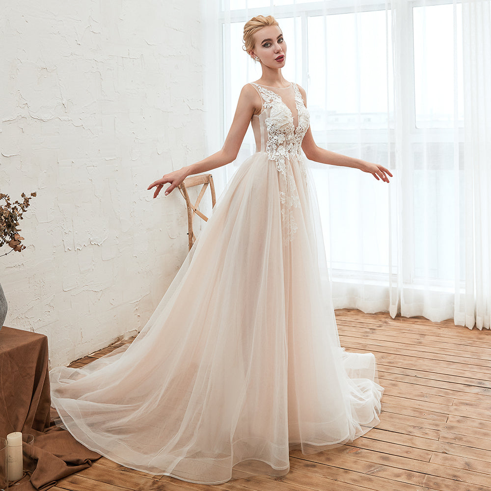Designer Scoop Tulle Wedding Dress With Lace Appliques and Open Back