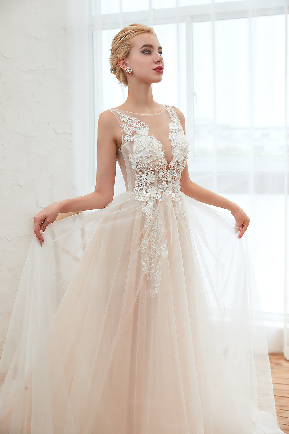 Designer Scoop Tulle Wedding Dress With Lace Appliques and Open Back