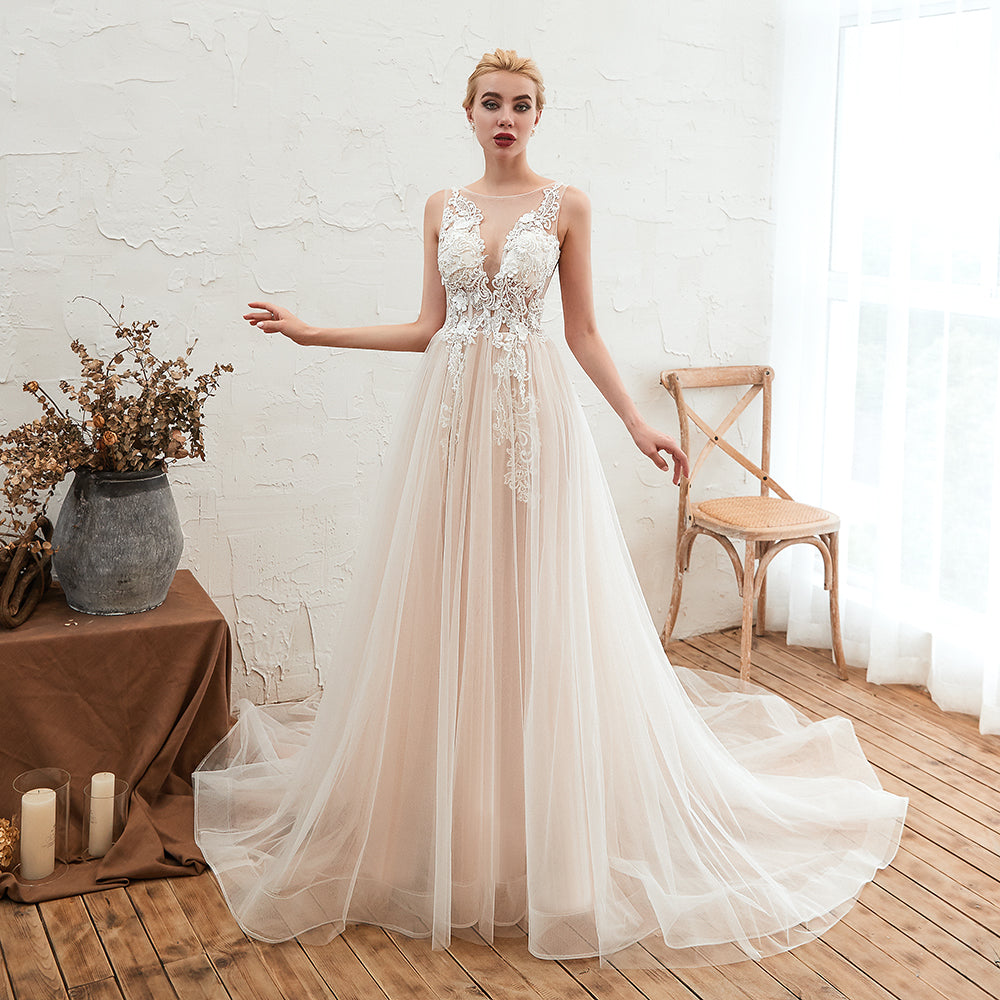Designer Scoop Tulle Wedding Dress With Lace Appliques and Open Back