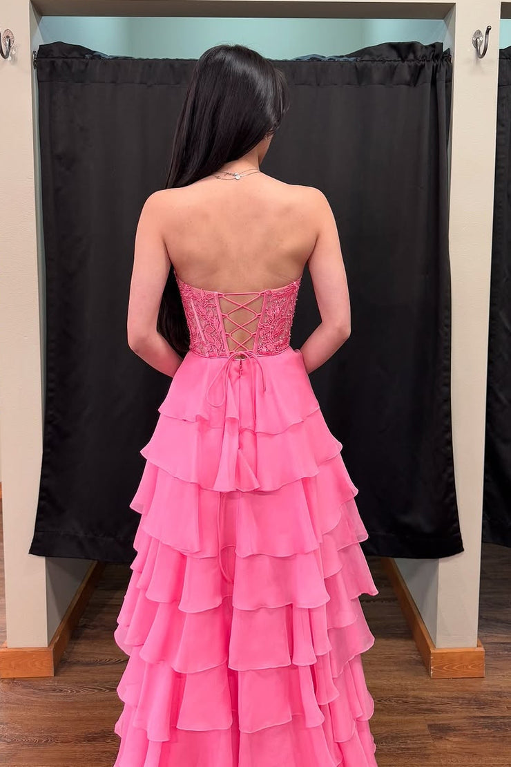 A Line Sweetheart Pink Chiffon Tiered Prom Dresses
