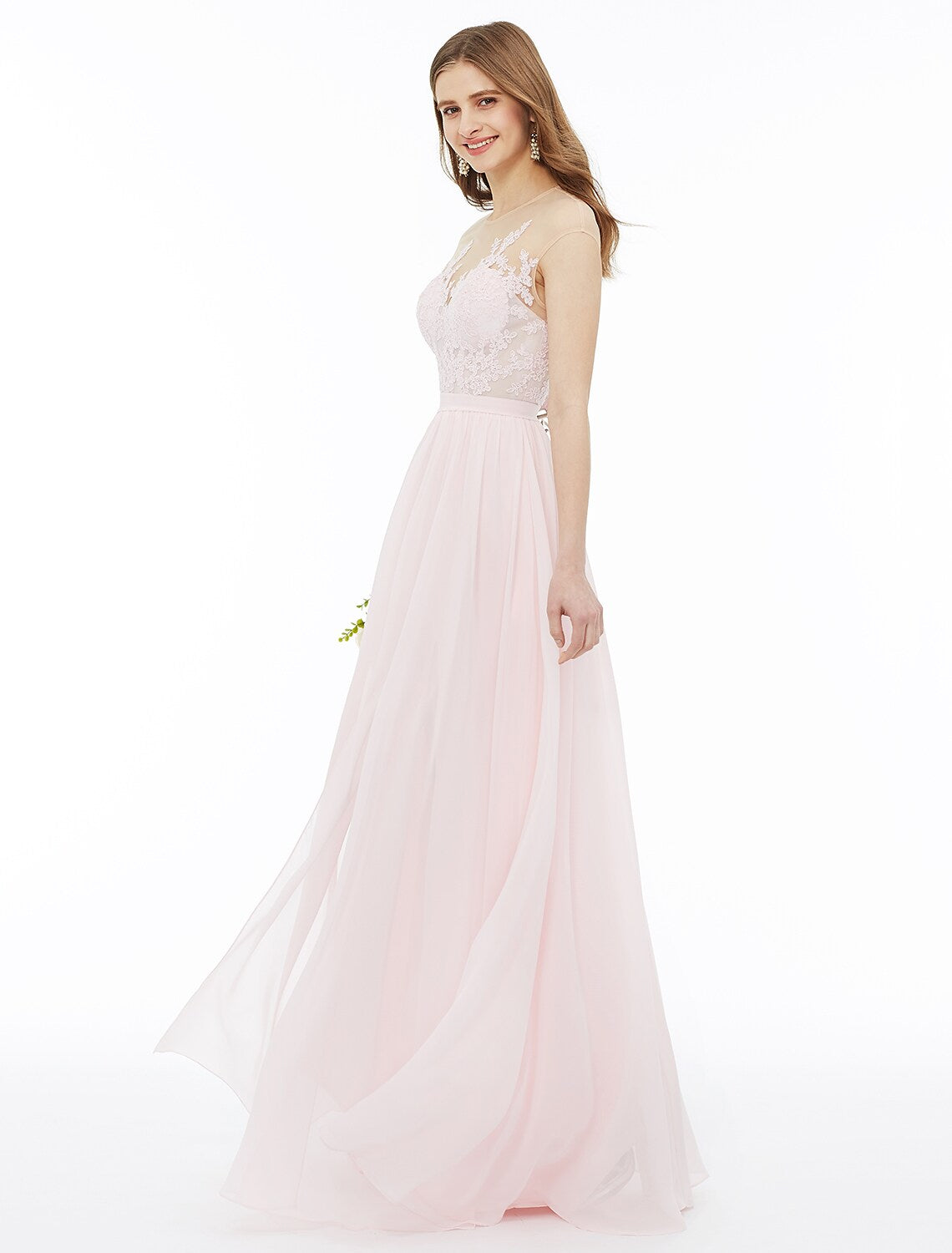 A-Line Bridesmaid Dress Sleeveless Floor Length Chiffon Floral Lace Sash Ribbon Appliques
