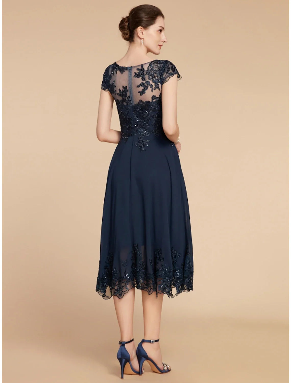 Aimishang  A-Line Mother of the Bride Dress Wedding Guest Elegant Petite Scoop Neck Tea Length Chiffon Lace Cap Sleeve with Sequin Ruching Solid Color