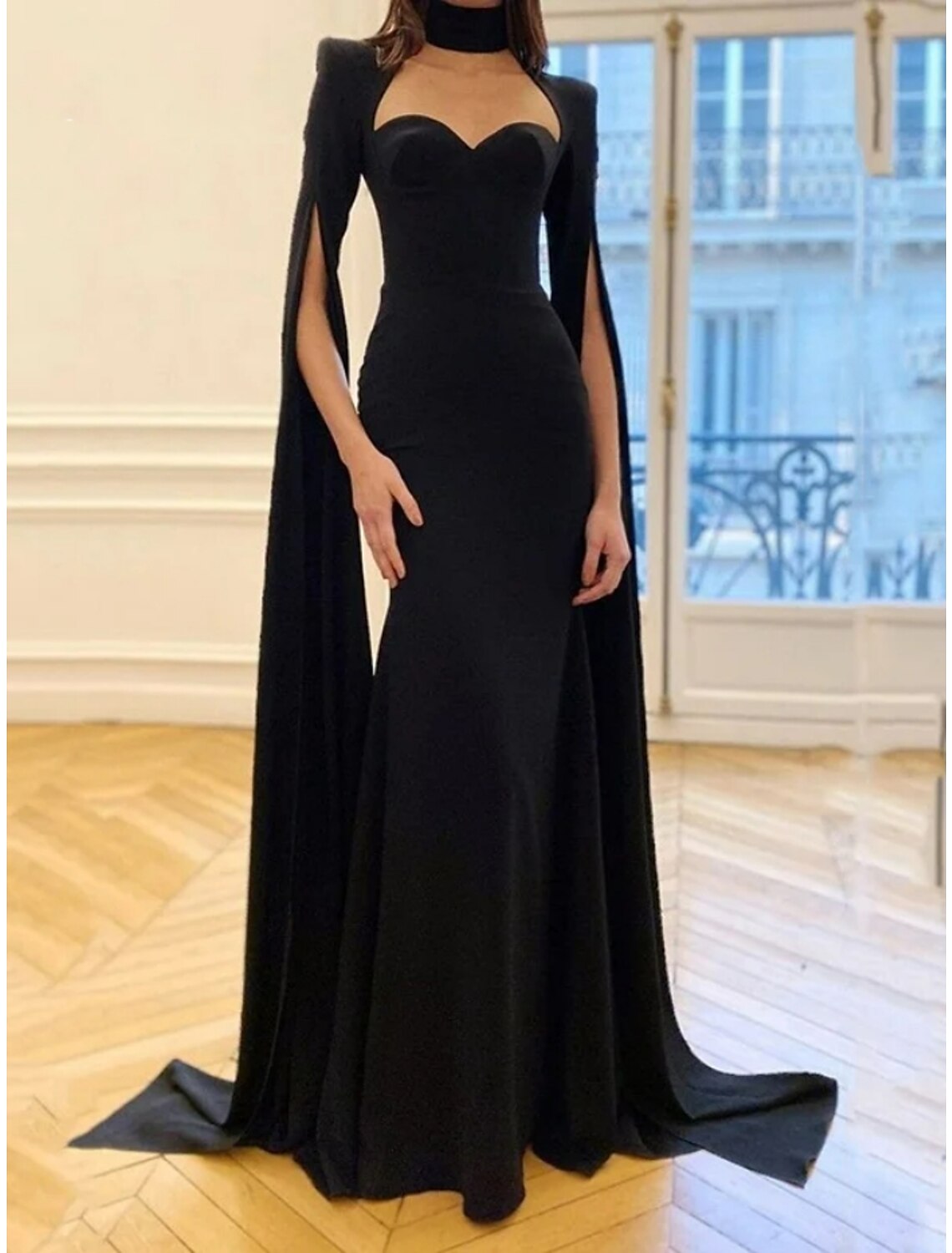 A-Line Evening Gown Elegant Dress Black Dress Formal Sweep / Brush Train Long Sleeve Sweetheart  Fabric with Pleats