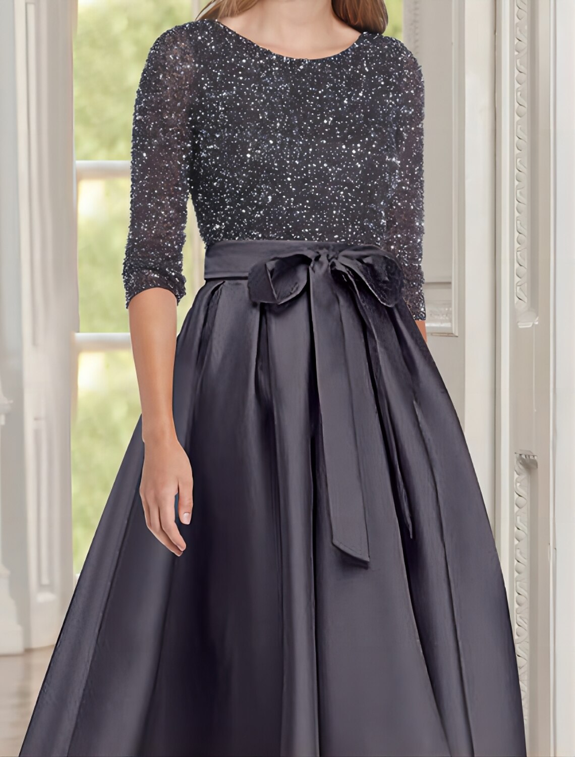 Aimishang A-Line Mother of the Bride Dress Wedding Guest Elegant Scoop Neck Asymmetrical Satin Half Sleeve with Bow(s) Sequin Ruching