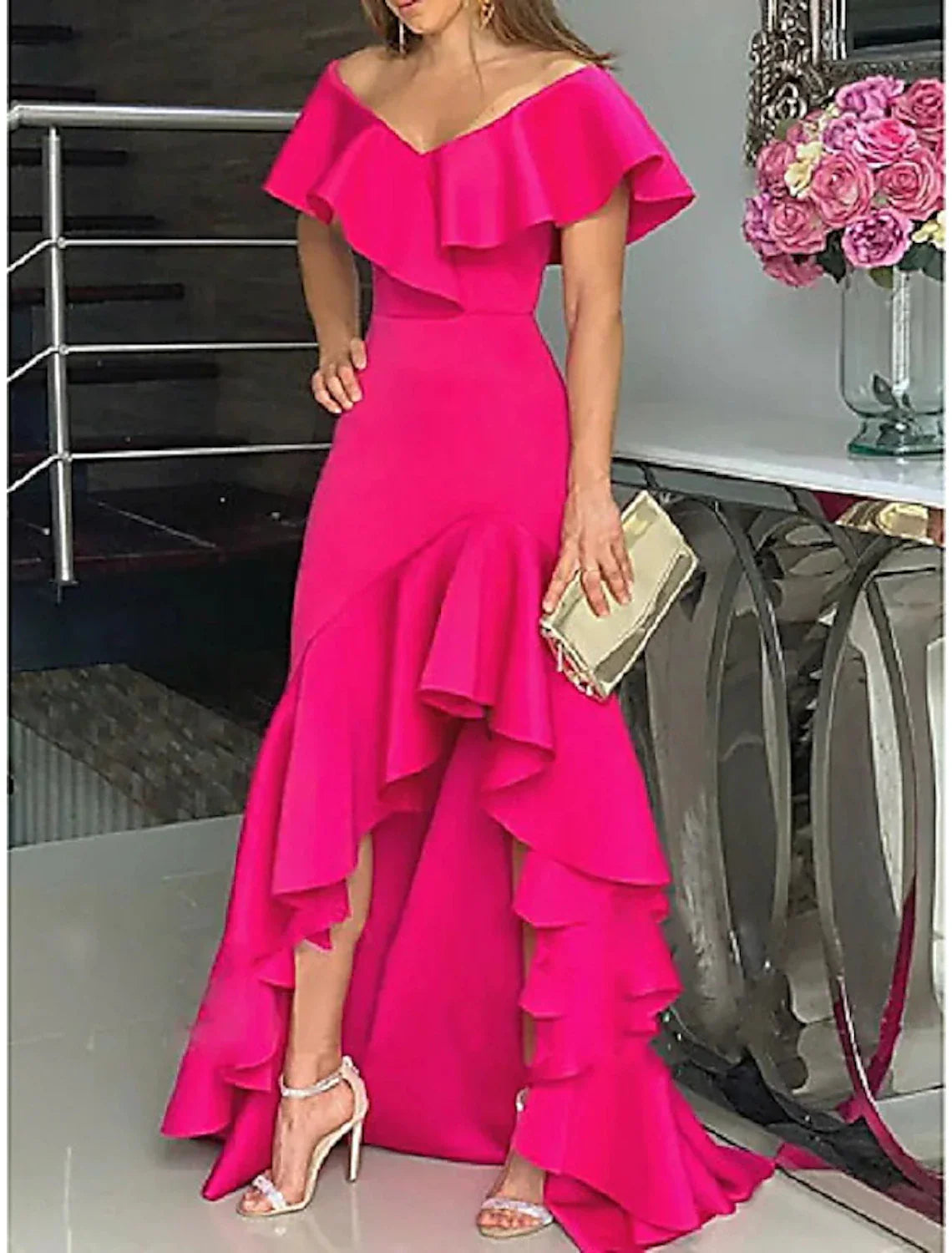 A-Line Wedding Guest Dresses Minimalist Dress Wedding Party Semi Formal Asymmetrical Sleeveless V Neck Satin with Ruffles Slit