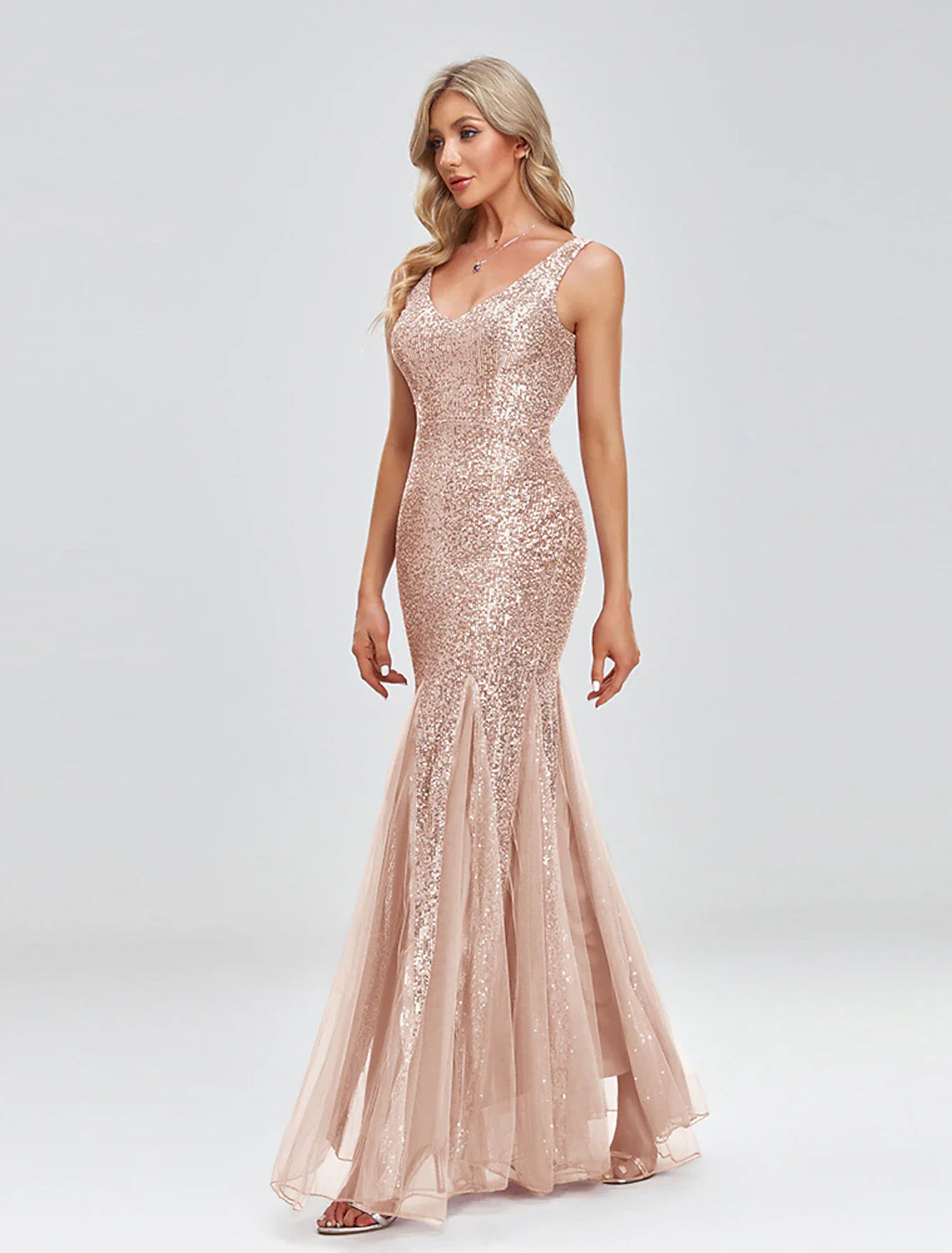 Mermaid / Trumpet Evening Gown Sparkle Dress Wedding Guest Formal Evening Floor Length Sleeveless V Neck Tulle V Back with Sequin Splicing